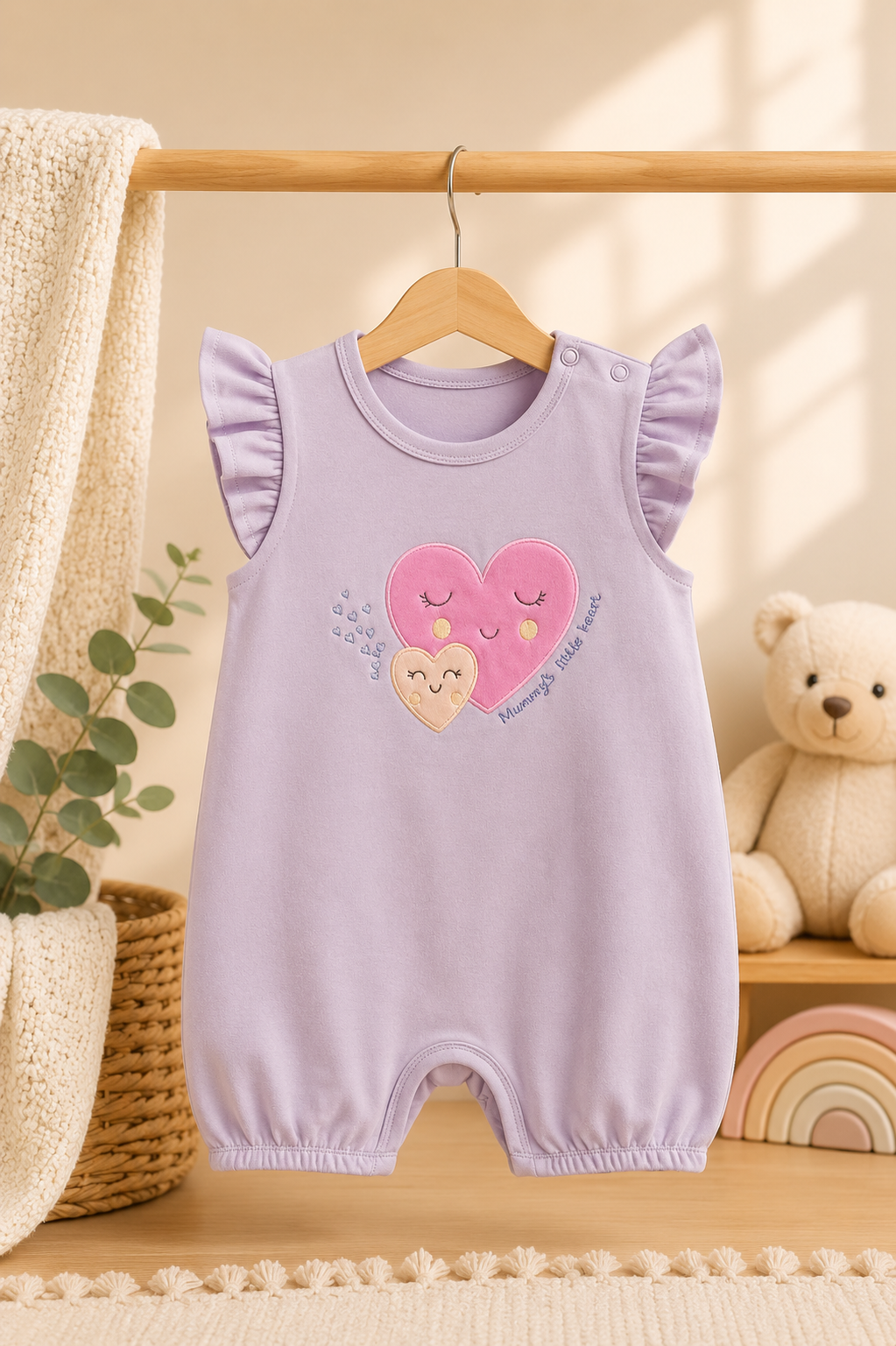 Lavender flutter sleeve baby romper with Mummy's Little Heart embroidery