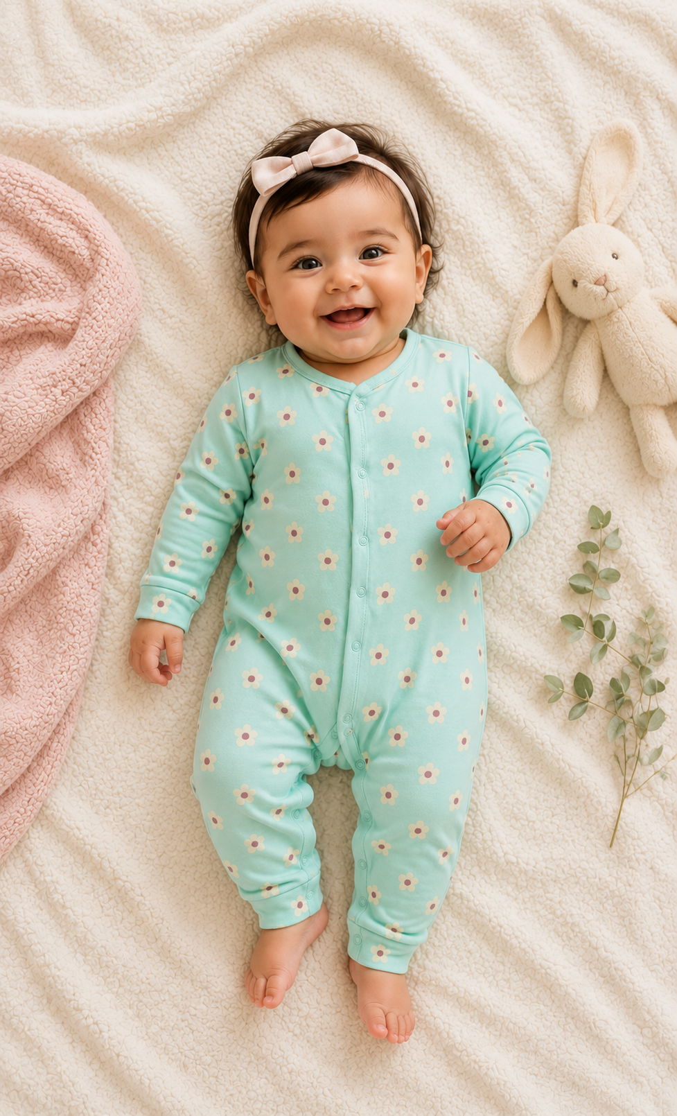 100% Cotton Seafoam Green Floral Print Baby Girl Sleepsuit