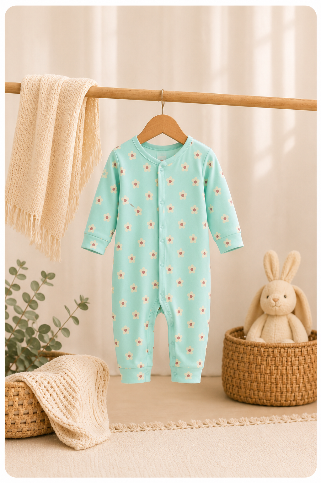 100% Cotton Seafoam Green Floral Print Baby Girl Sleepsuit