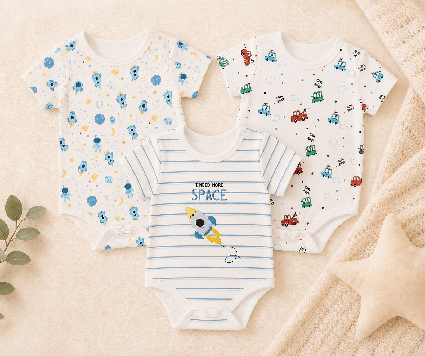 100% Cotton Space and Safari Baby Onesie Set (Pack of 3)