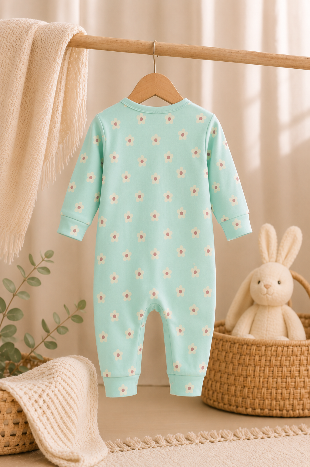 100% Cotton Seafoam Green Floral Print Baby Girl Sleepsuit