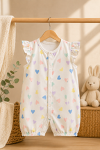 White flutter sleeve baby romper with multicolour rainbow heart print