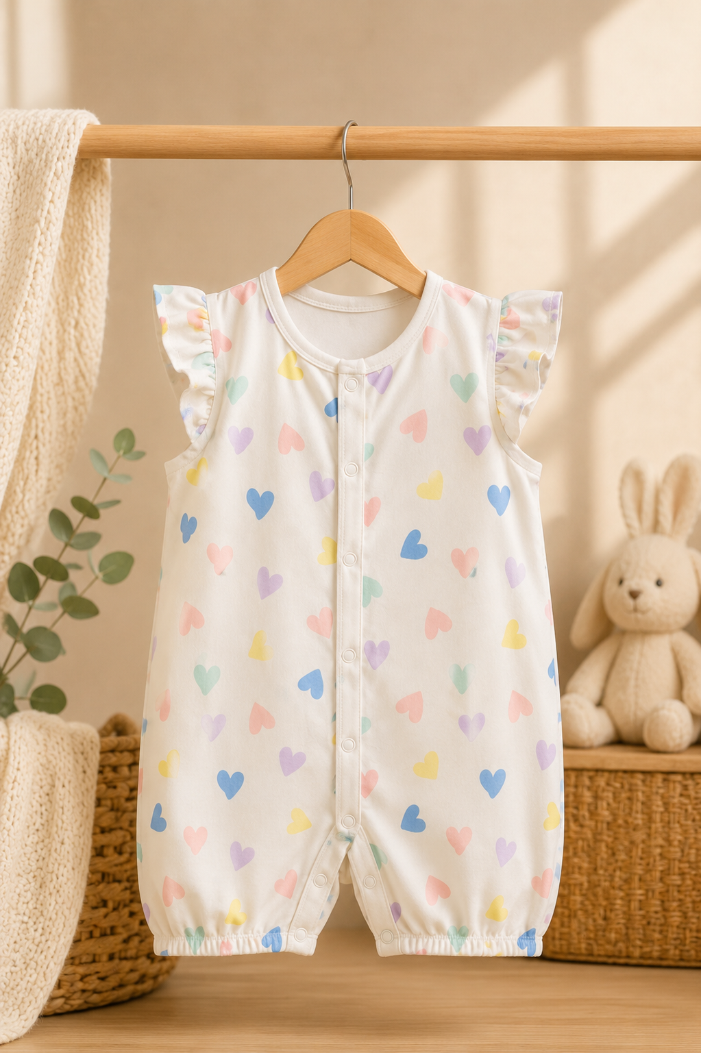 White flutter sleeve baby romper with multicolour rainbow heart print